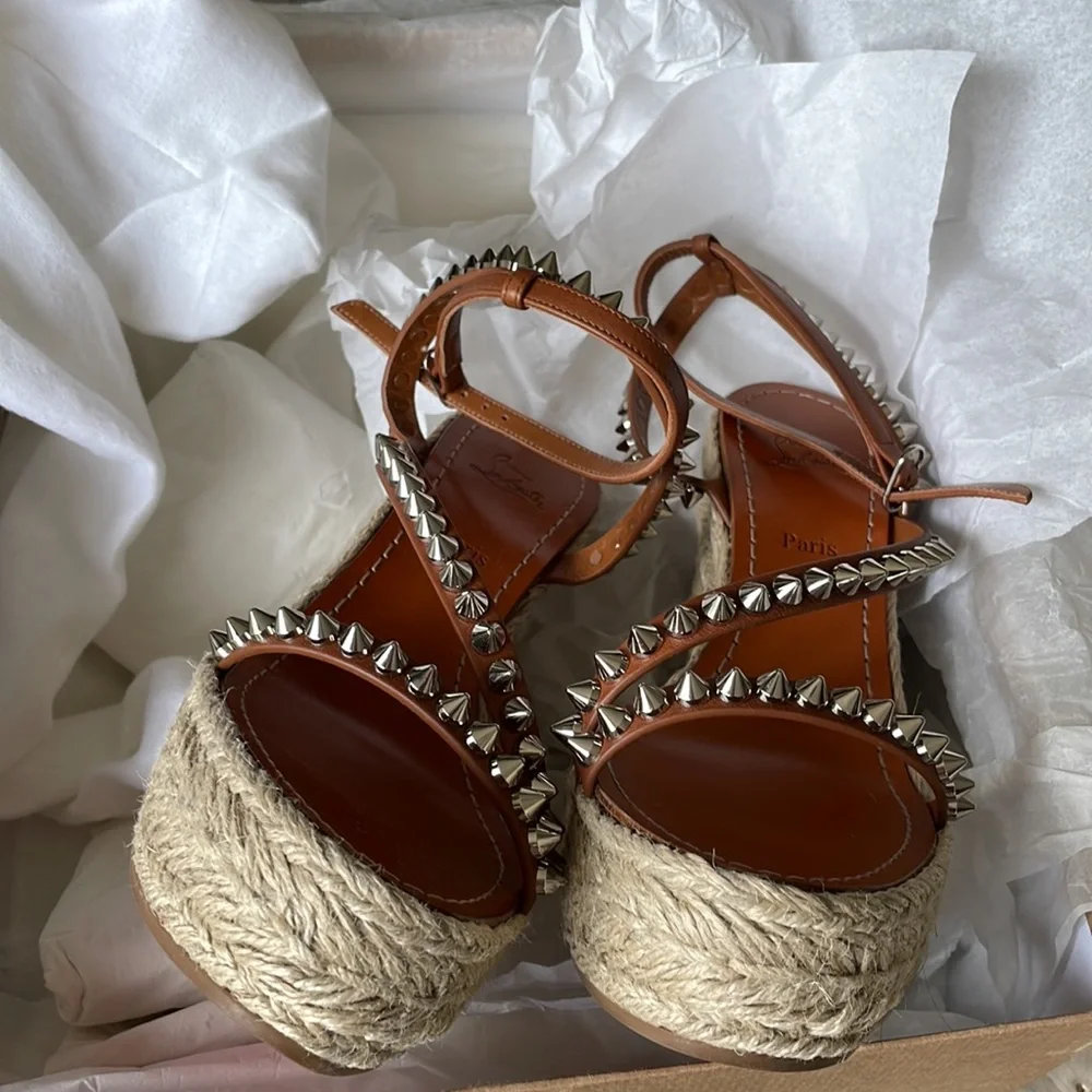 Christian Louboutin mafaldina Zeppa 120mm wedge espadrille sandal cuoio brown 39 - Picture 9 of 13